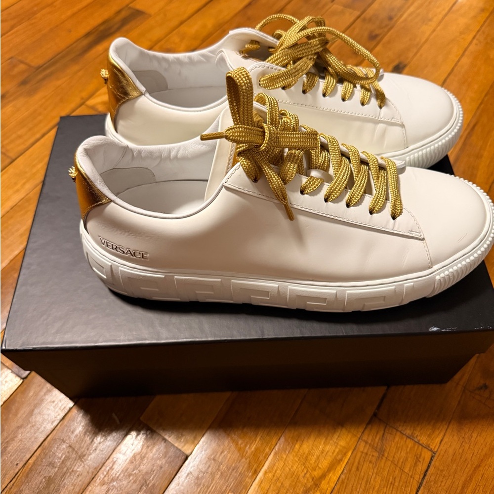 Versace Cream and Gold Leather Sneakers